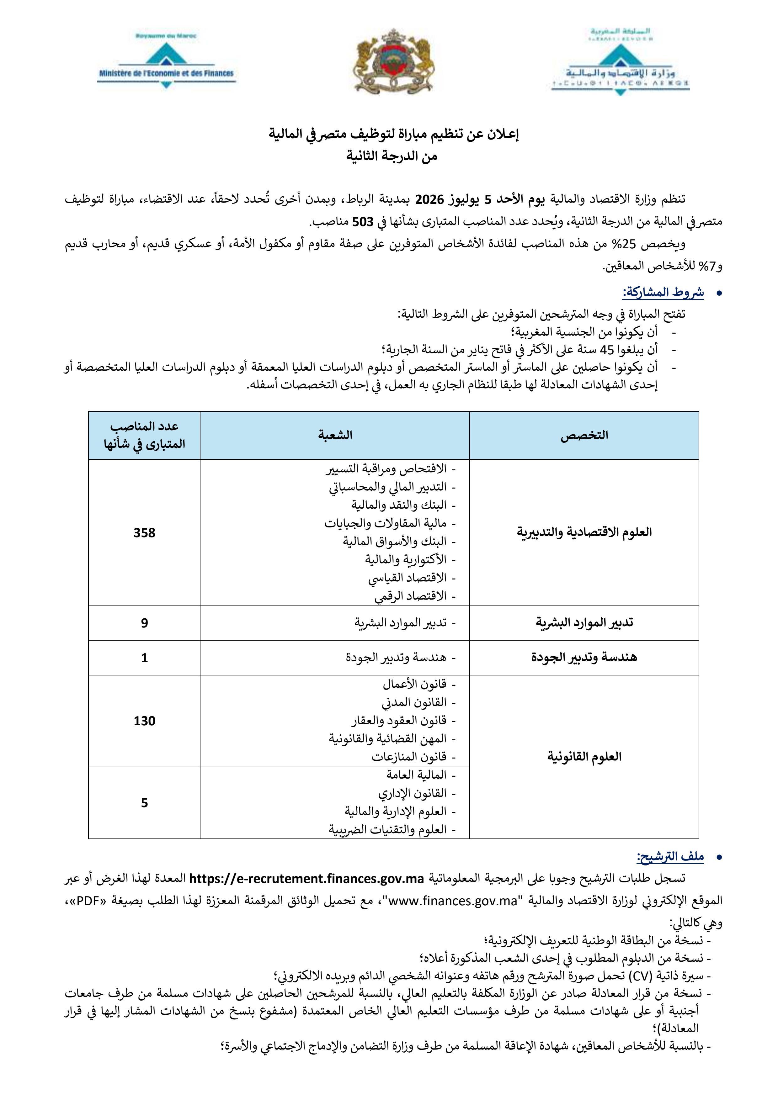 إعلان عن تنظيم مباراة لتوظيف متصر في المالية من الدرجة الثانية
