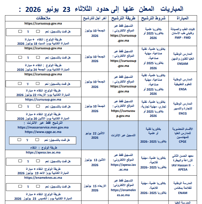 المباريات المعلن عنها إلى حدود الثلاثاء 23 يونيو 2026