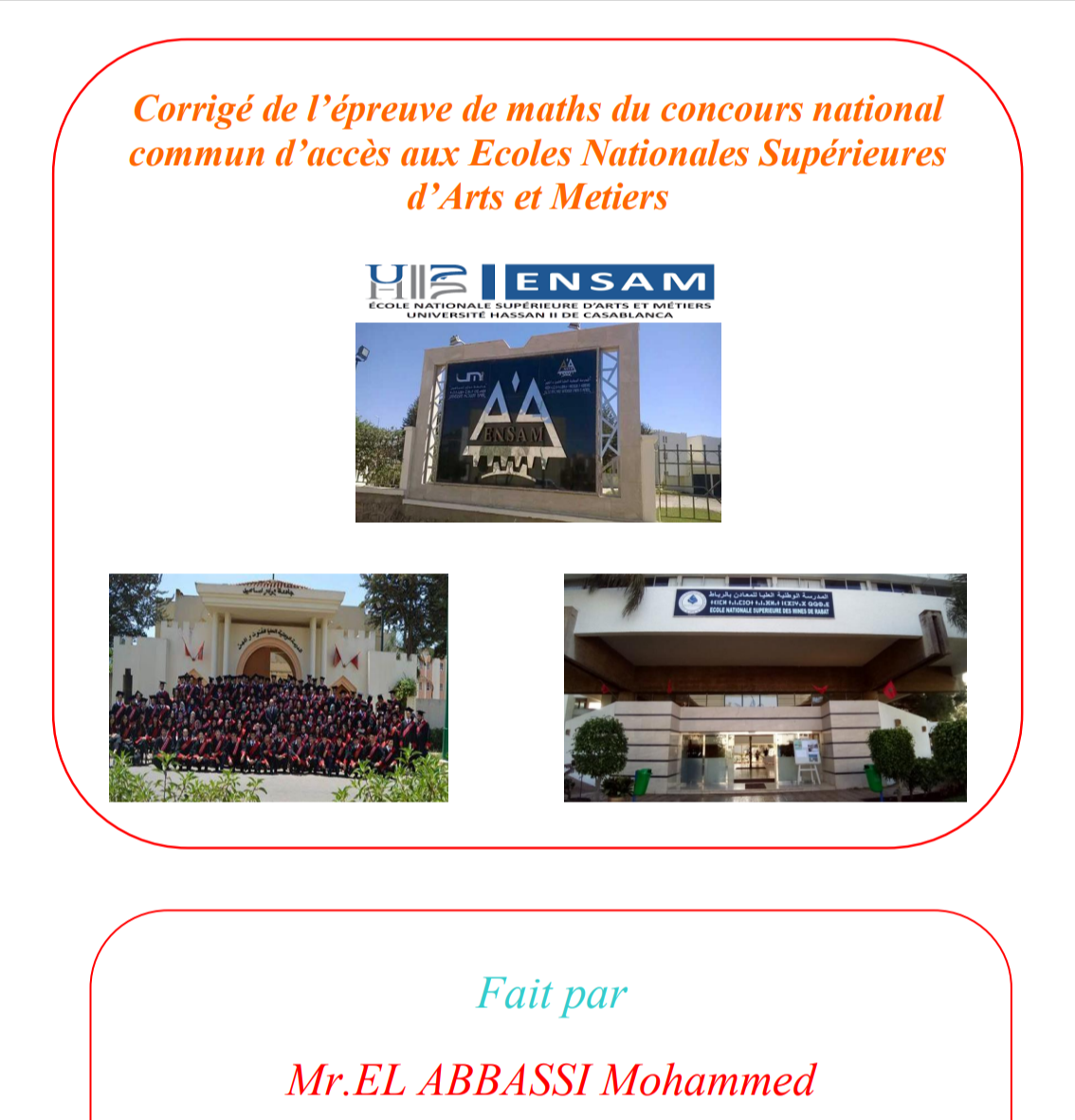 Corrigé de l’épreuve de maths du concours national commun d’accès aux Ecoles Nationales Supérieures d’Arts et Metiers